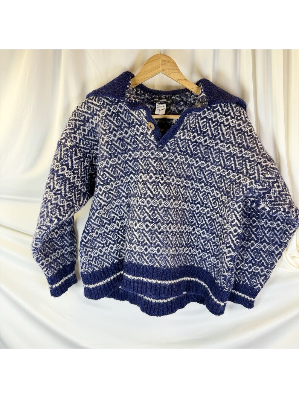 J Peterman Sweater Mens L Blue White 100% Wool Knit Fisherman Chunky Heavy